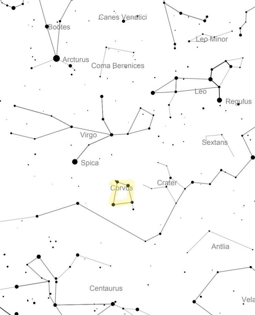 Star map indicating location of constellation corvus